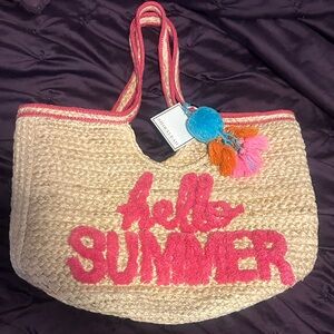 SHIRALEAH Chicago Jute Tote Bag with Pink "Hello Summer" Accent and Tassel Charm